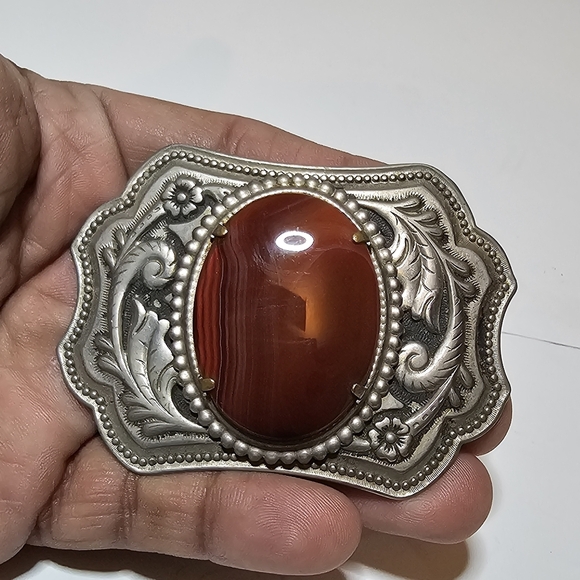 Vintage Western Embossed Belt Buckle Cabochon Orange Agate Scroll Design Unisex - Picture 1 of 9